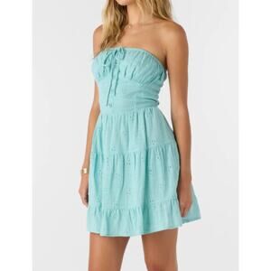 NWT O'Neill Womens Naya Short Dress Large Smocked Back Panel Eyelet Nile Blue